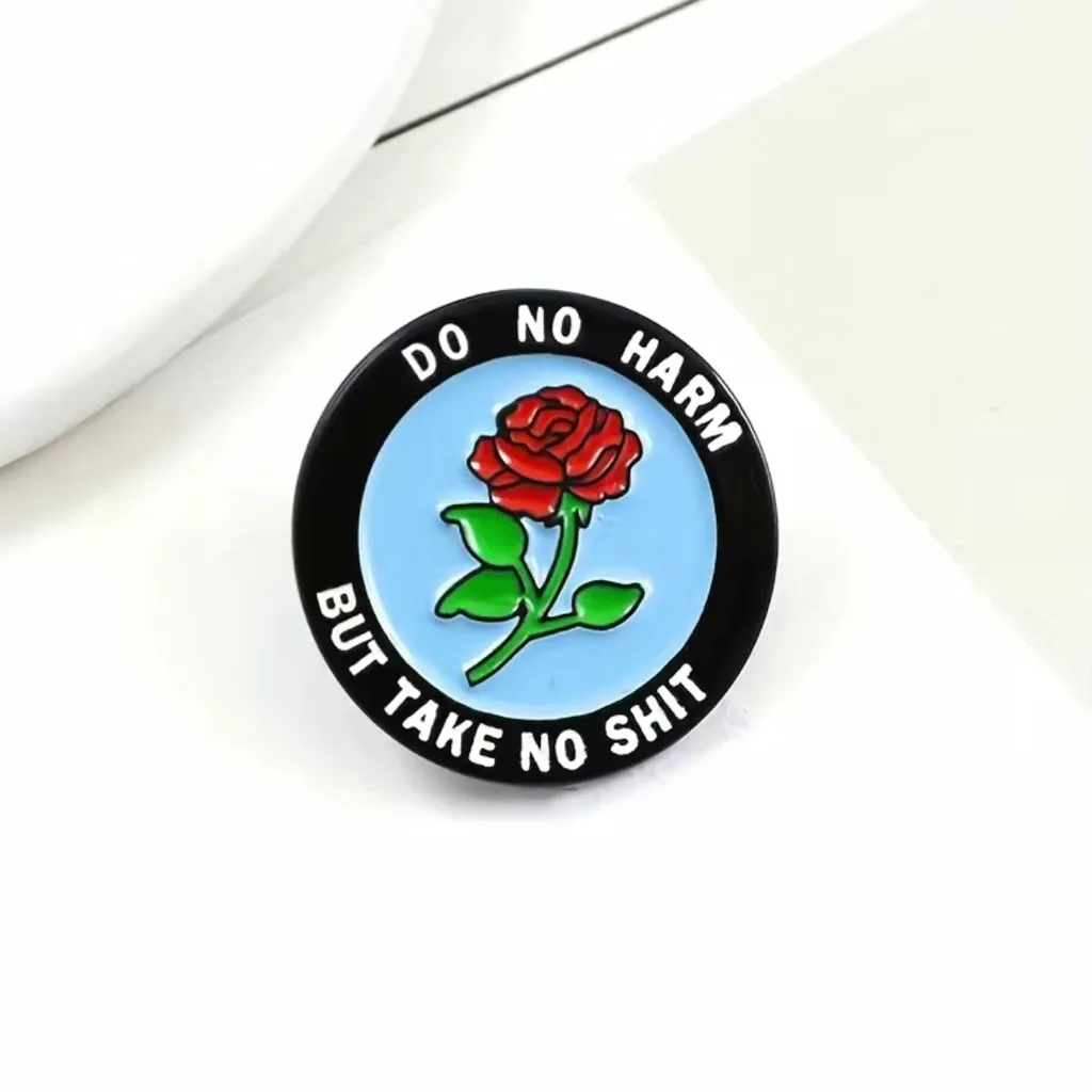 DO‎ NO HARM BUT TAKE NO SHIT Round Rose Flower Brooch Red Flower Lapel Pin Zinc - Image 8