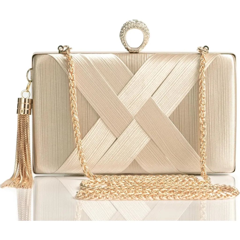 ⚡ Women's Tan Tassel Pendant Rhinestones Cross Strap Formal Party Clutch Bag - Image 4