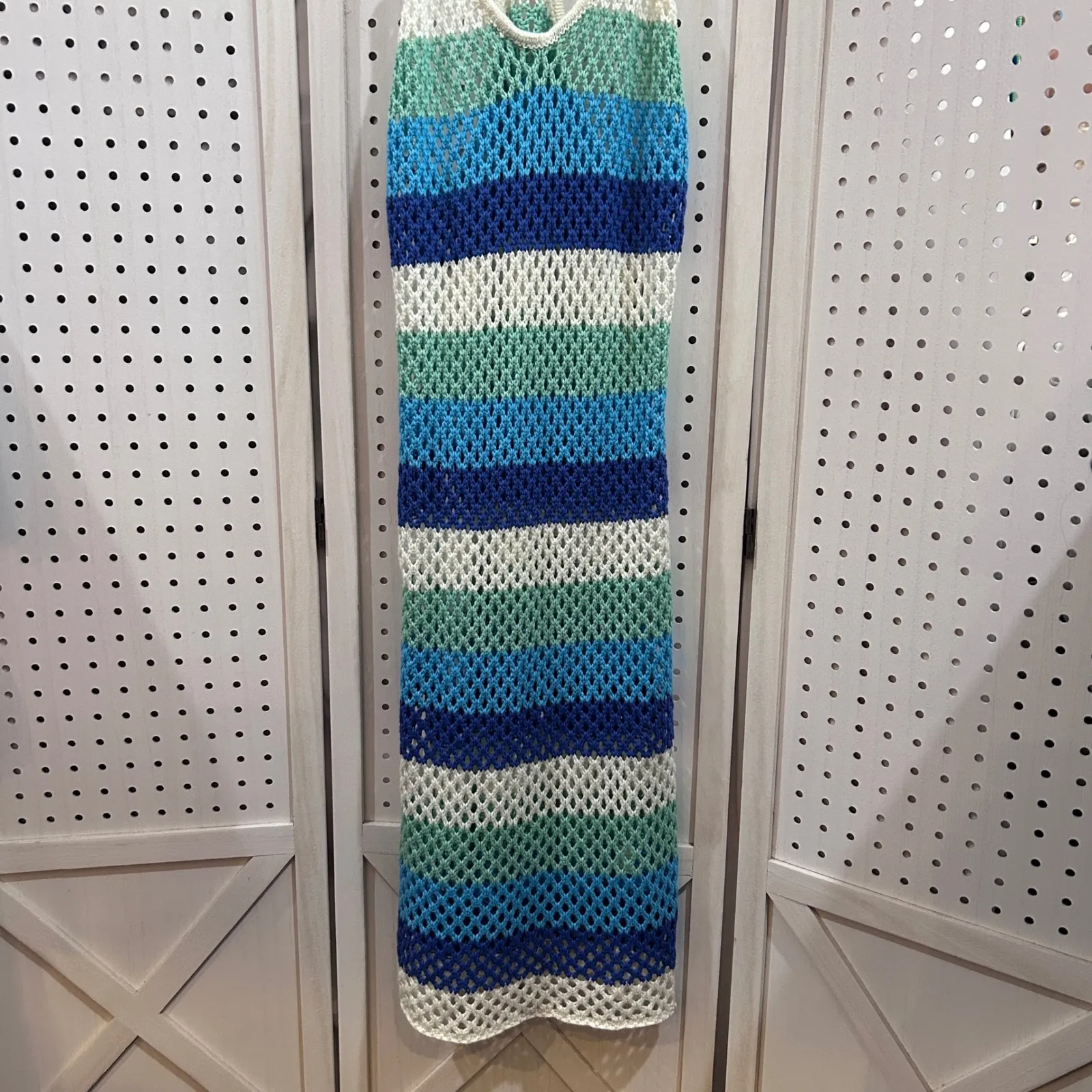 Venus Striped Crochet Dress Cover Up Blue Green White Racerback L XL Beach - Image 4