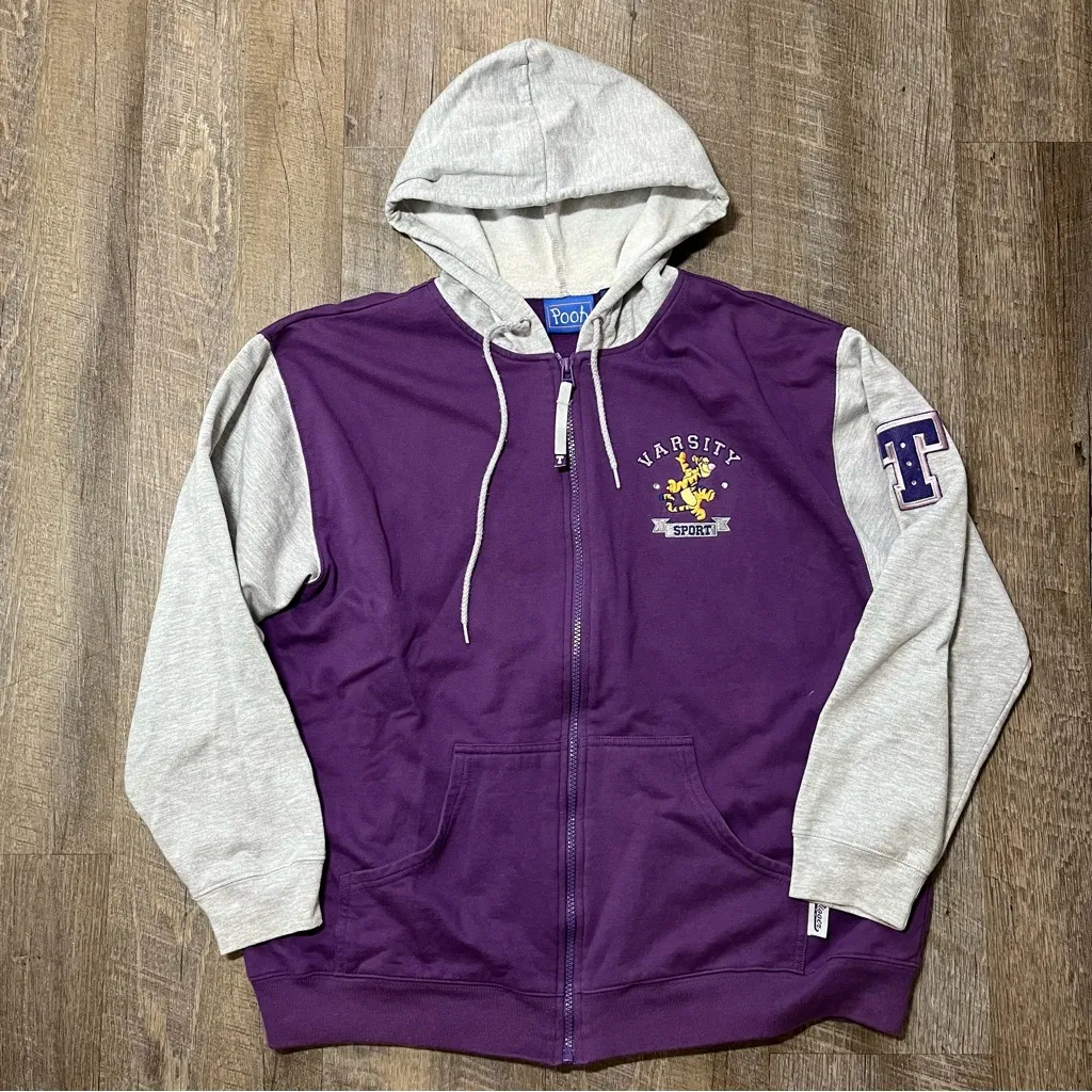 Vintage 90s Pooh Tigger Varsity Zip Hoodie Sweatshirt Womens Size Medium Gray - Image 2