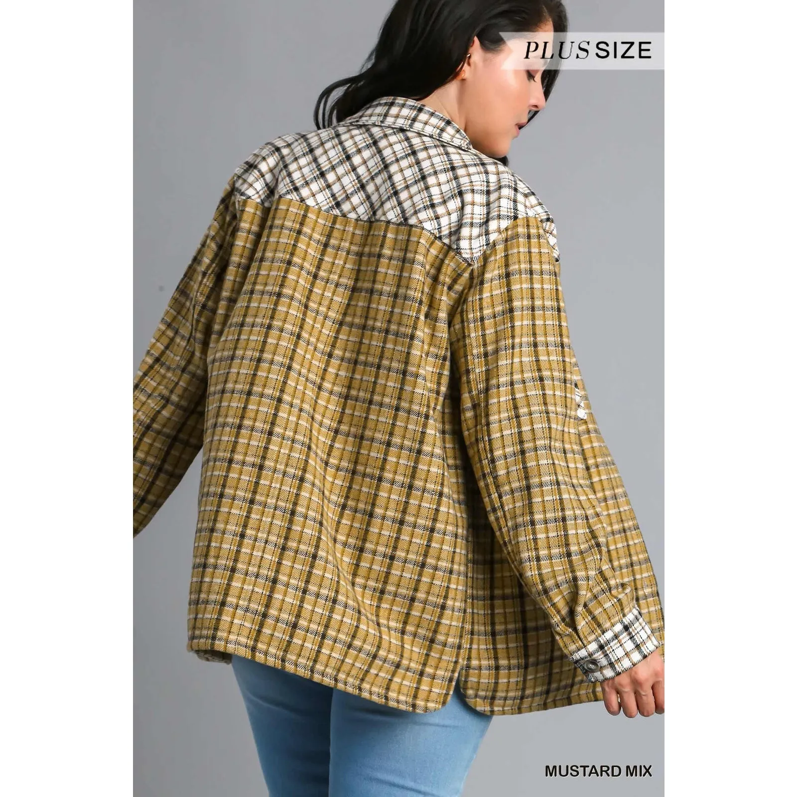 Umgee Mustard Yellow Plaid Block Patch Pockets Flannel Shirt Shacket XL - Image 2