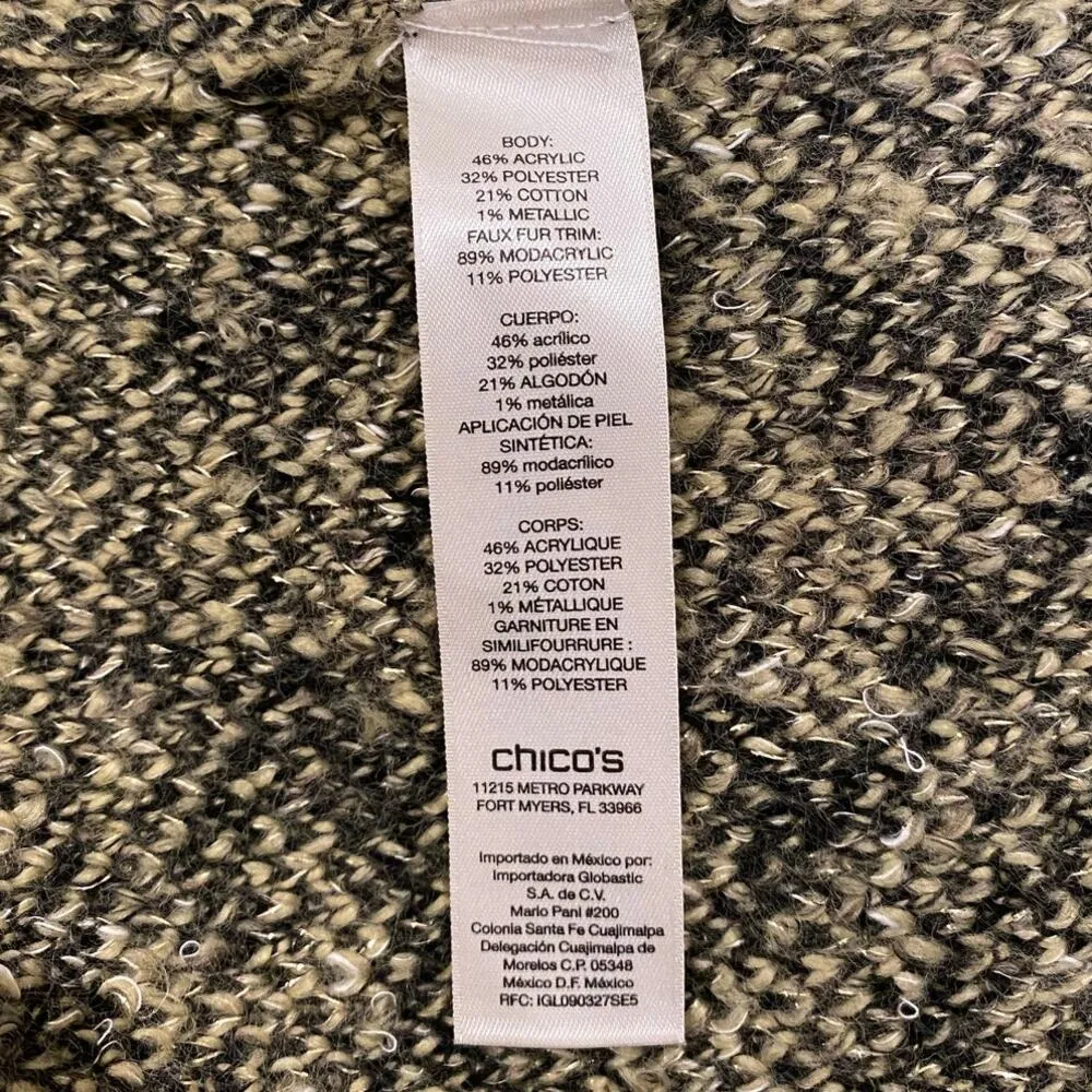 Chico’s Marielle Open Front Cardigan Sweater Faux Fur Collar Black &Gold Women’s - Image 9