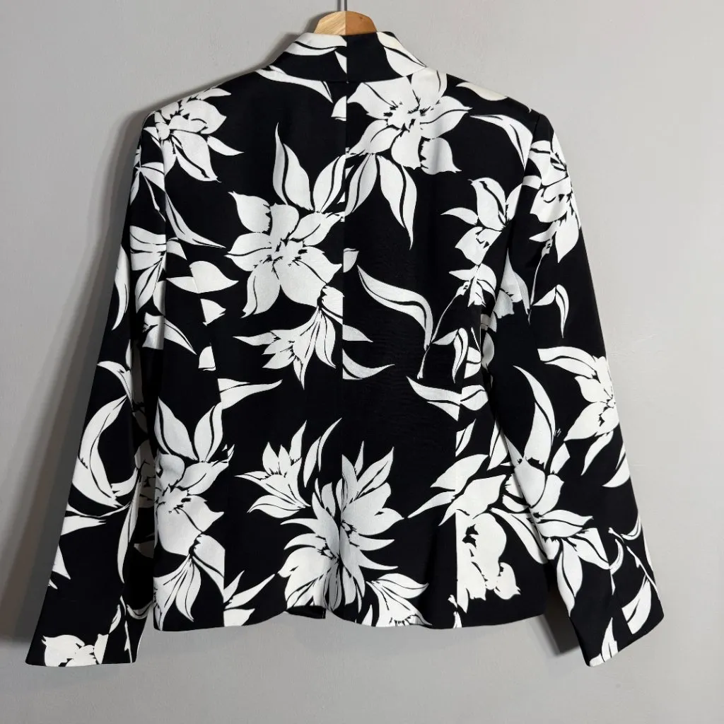 Flores & Flores 100% Silk Floral Open Front Blazer Jacket Women's 10 Black White - Image 7
