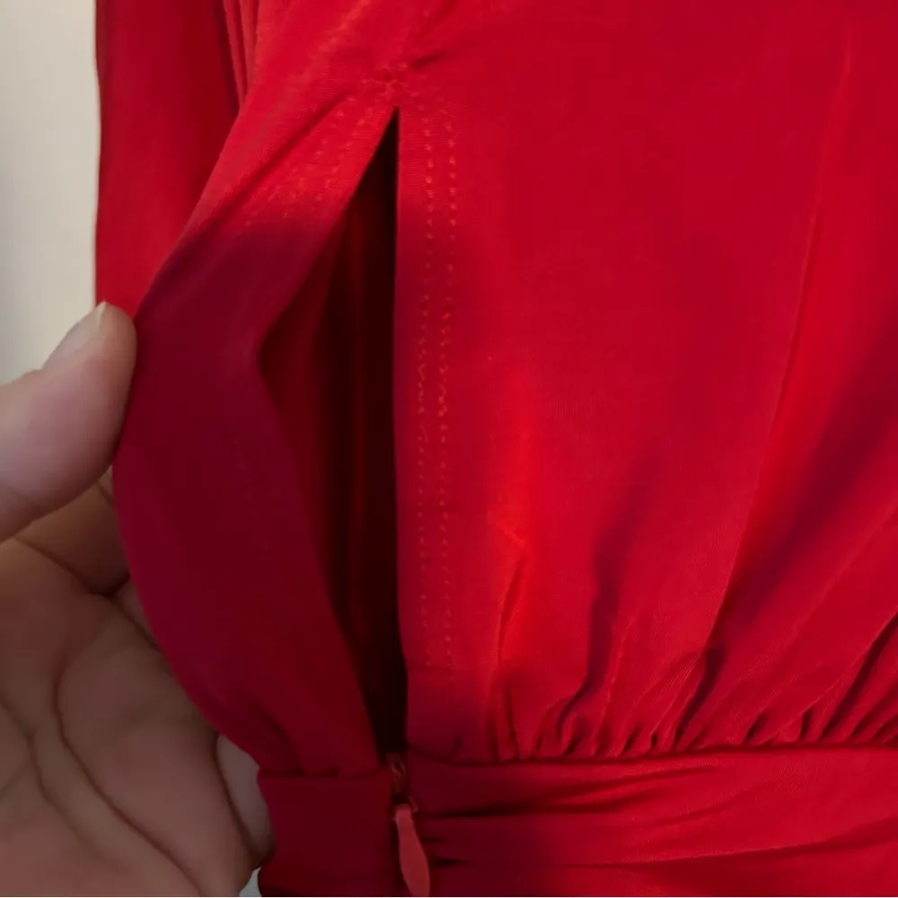 Krisa Dress Long Sleeve Red Faux Wrap Classic Solid Neutral Mini V-Neck Holiday - Image 11