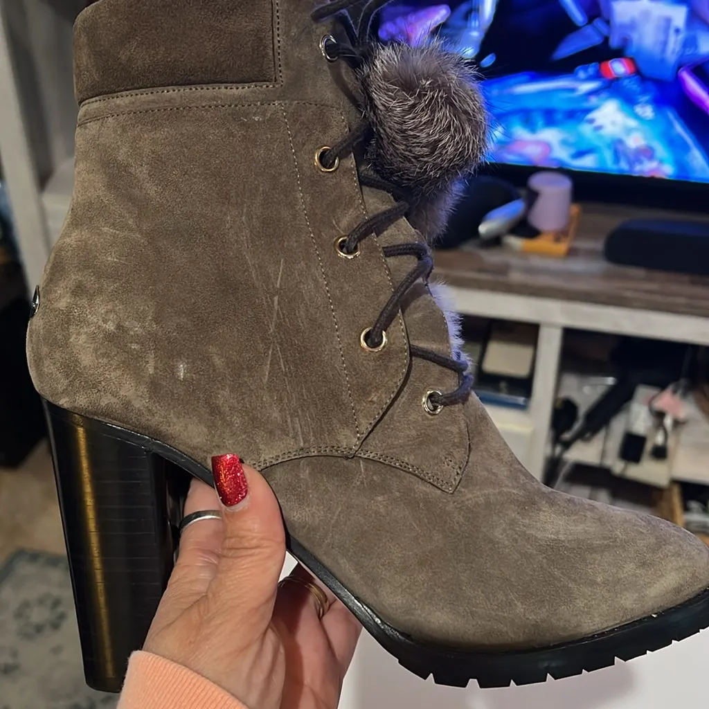 JIMMY CHOO ELBA Pom Pom Genuine Rabbit Fur Ankle Boot Mink Suede size 39.5 - Image 15