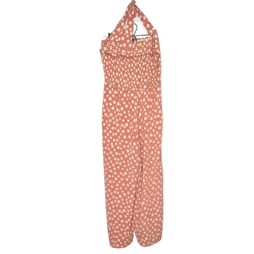 Candie's Smocked Sleeveless Polka Dot Halter Tie Jumpsuit Large Pink White New - Image 12