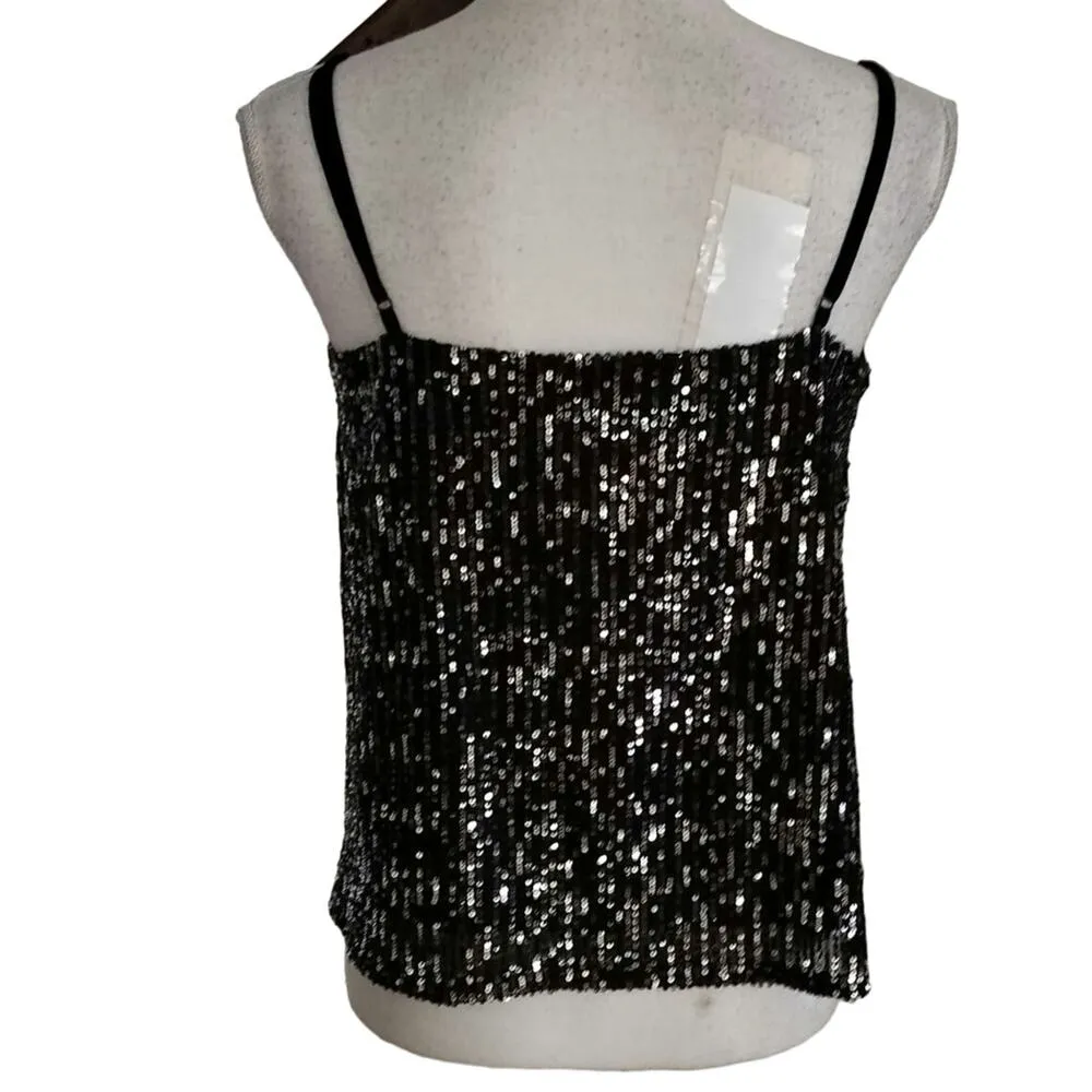Vestique Size M Sequin Cami Top Tank Lace Black NYE Party Holiday New Years Eve - Image 2