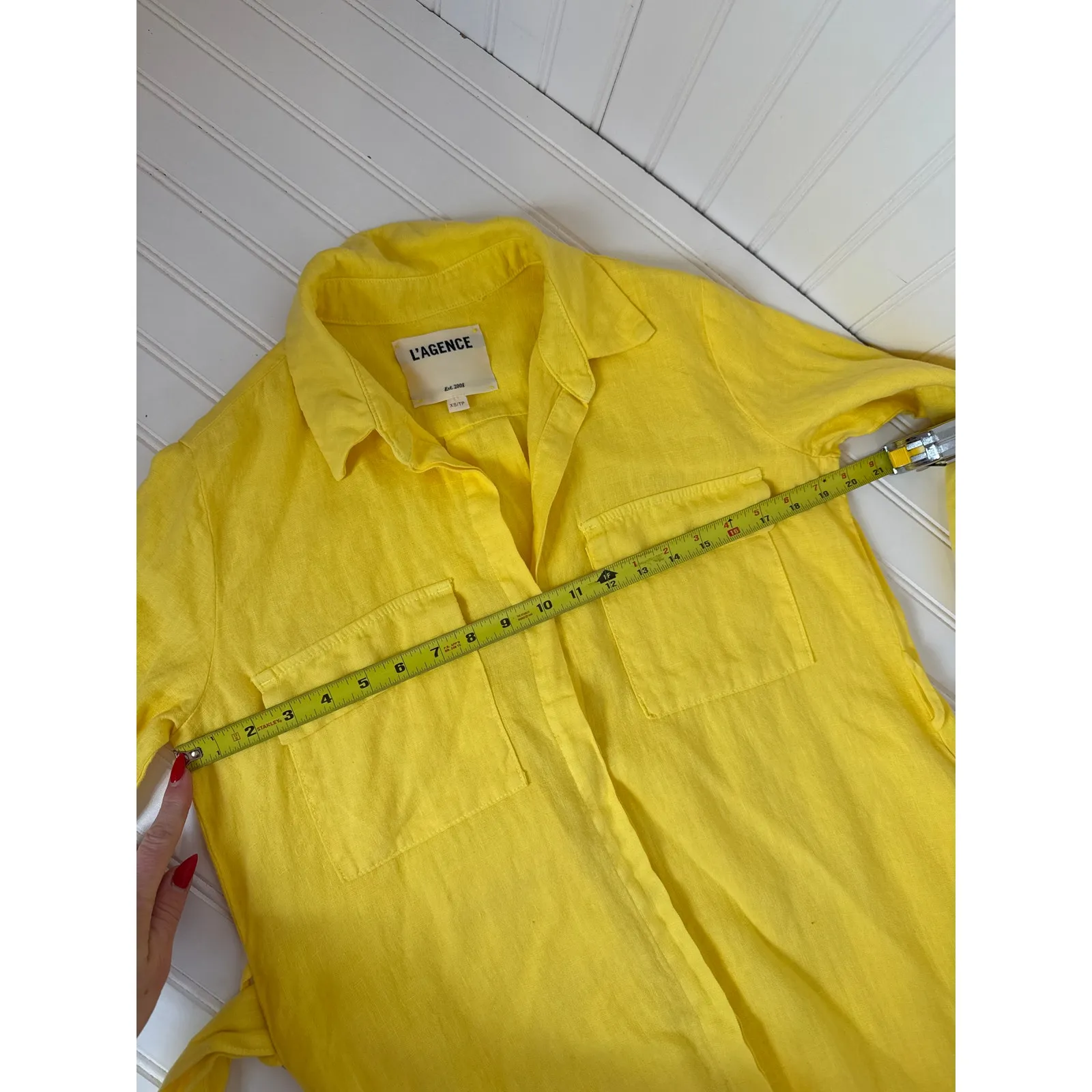 L’AGENCE Cameron Belted Linen Maxi Shirt Dress Yellow Pocket Slit Womens Size XS - Image 5