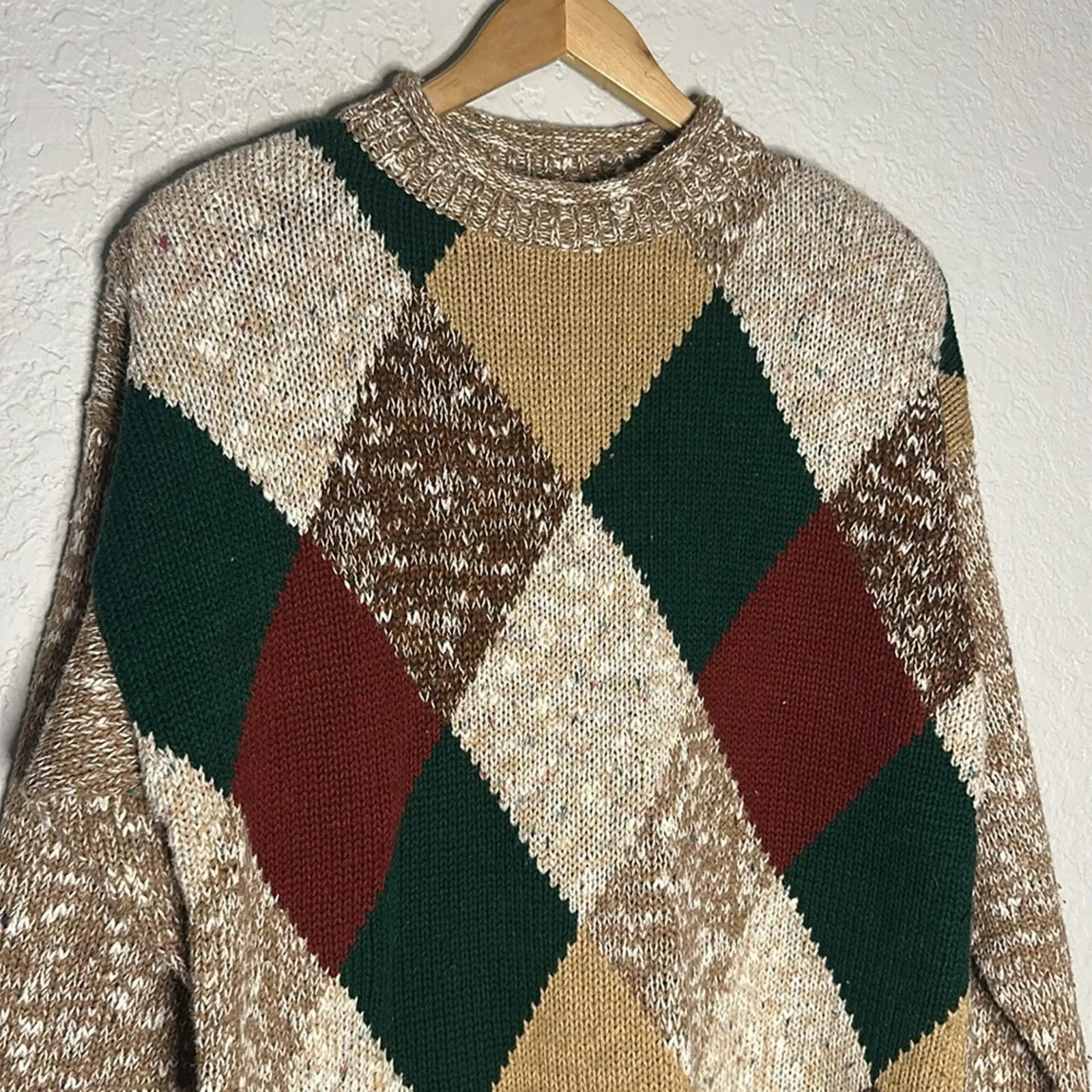 Vintage 90s Y2K Sweater Size 18W Shoulder Pads Argyle Brown Tan Fall Grandma - Image 2