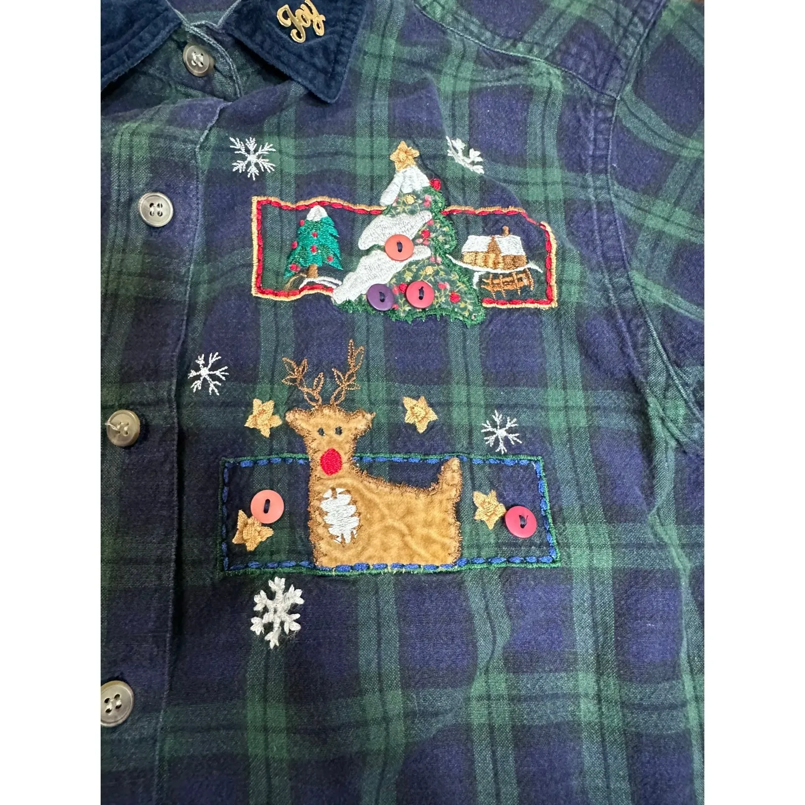 VTG Casey Max Plaid Embroidered Corduroy Collar Christmas Grandma Academia Twee Green - Image 9