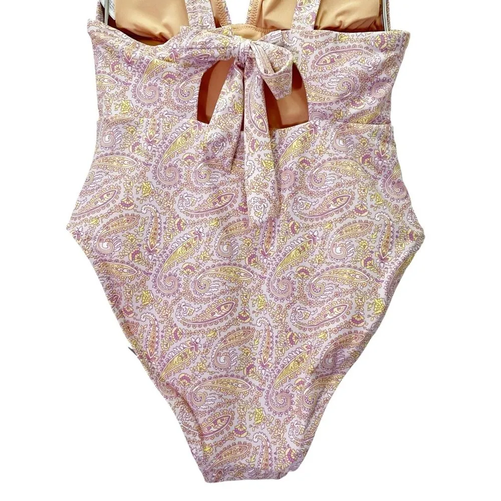 J. Crew Eco Plunge V-Neck One Piece Swimsuit Pink Beach Paisley Size 6 Tie Back - Image 10
