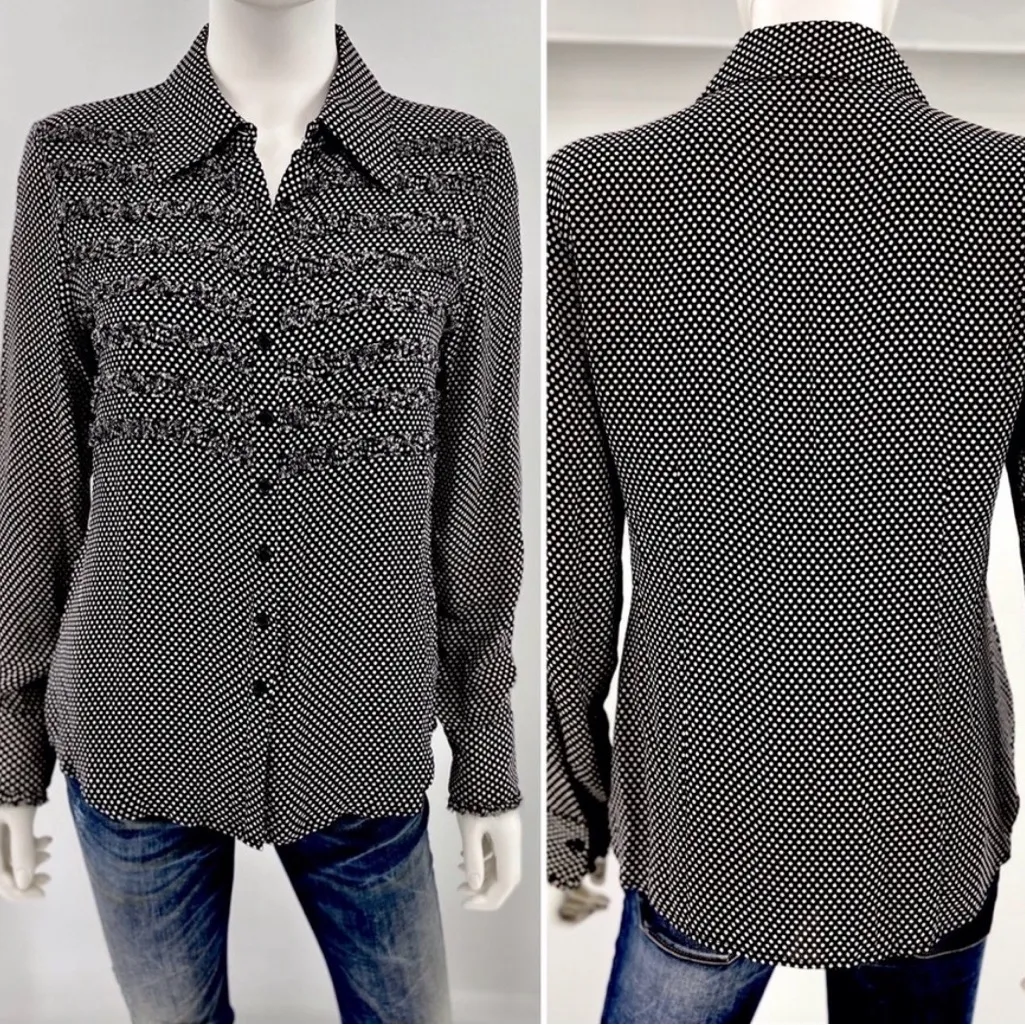 Anne Klein Women’s Size 6 Silk Black White Polka Dot Ruffle Blouse Long Sleeve - Image 2