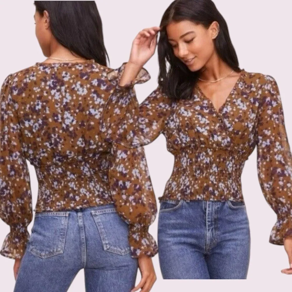 ASTR the Label Women Smocked Waist Surplice Floral Top Long Sleeve Size S - Image 2