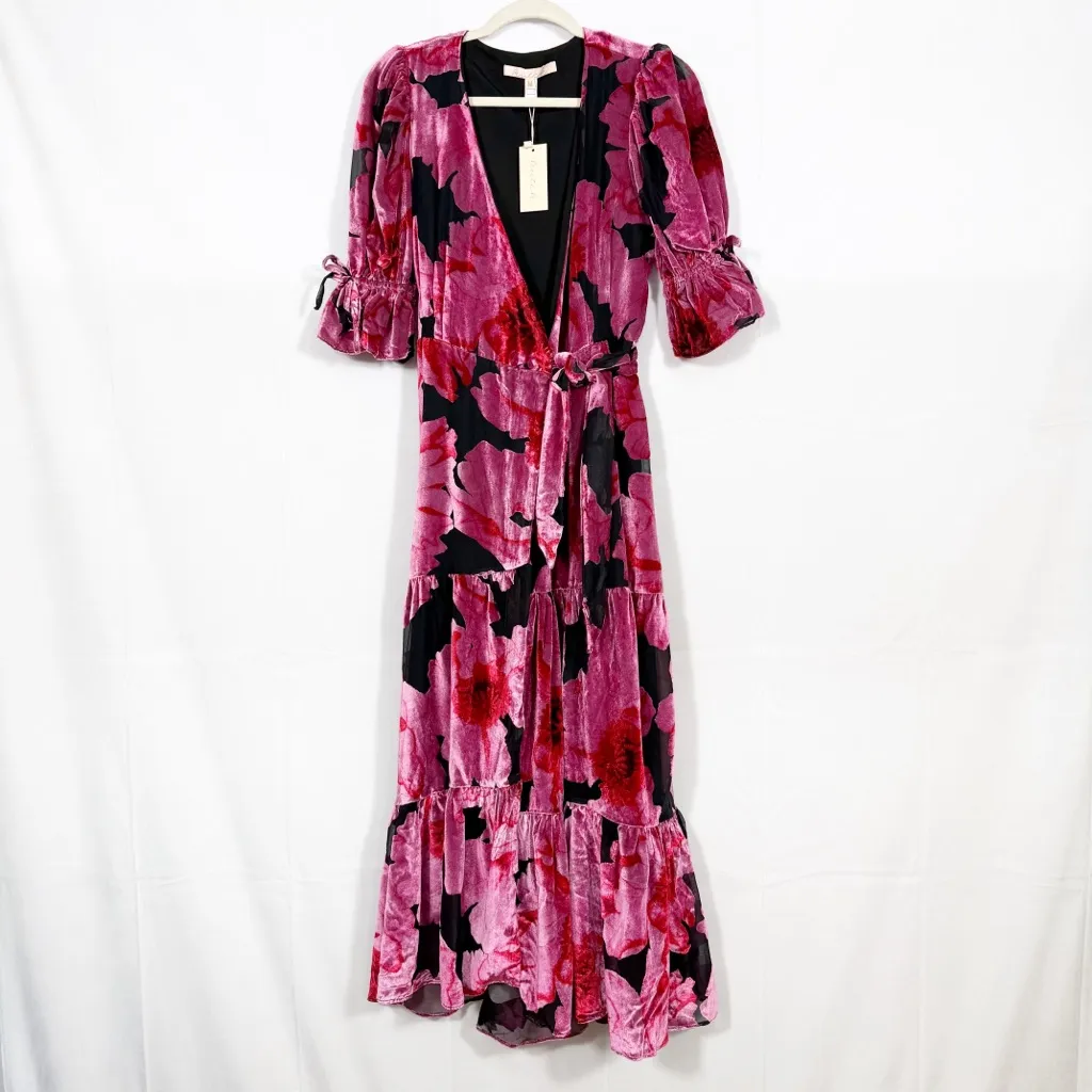 Anthropologie X Hutch Marisol Midi Wrap Dress Floral Pink Velvet Black - Image 3