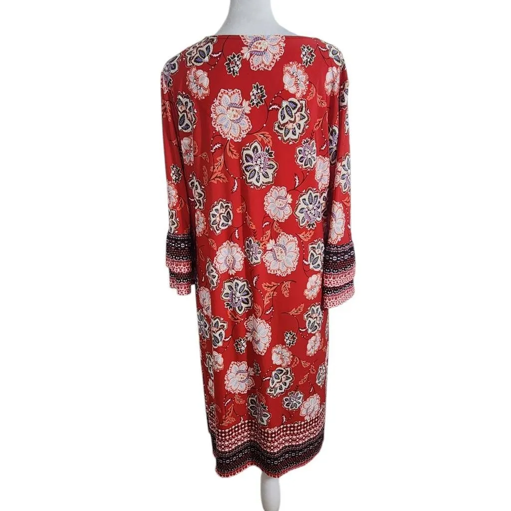 Cato Red Floral Shift Dress with Bell Sleeves Size Large Wedding Guest Dress - Image 2