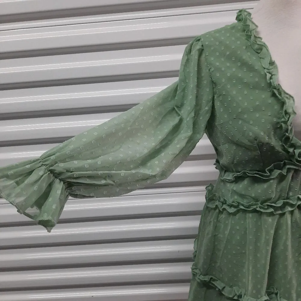 Women's Dress Small Green Swiss Dots Ruffled Cottagecore Fairycore Prairiecore - Image 9