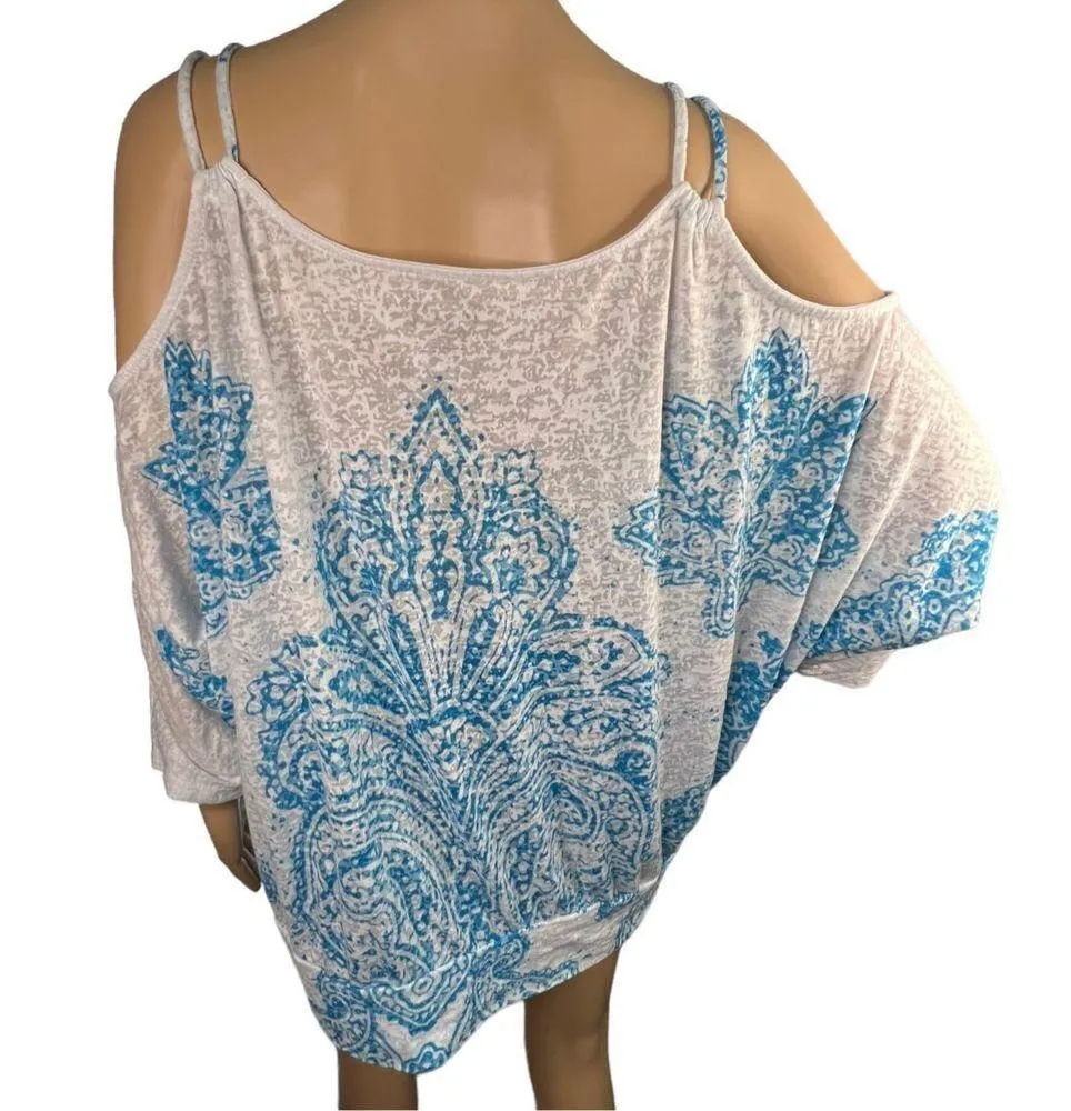 Lane Bryant Quarter Sleeve Exposed Shoulder Blouse With Floral Design and Rhines - Image 4
