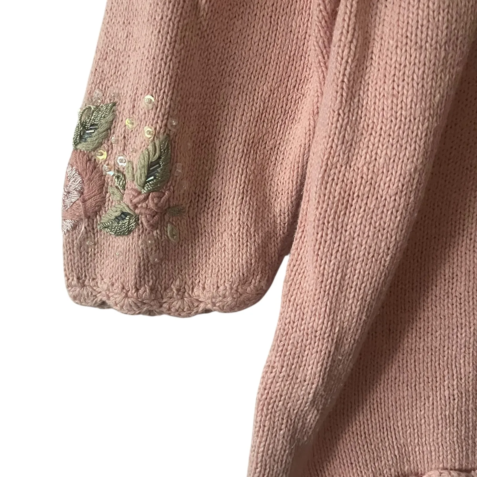 Vtg Maggie Lawrence Pink Floral Embroidered Sequin Sweater Pullover Women's L Size L - Image 3
