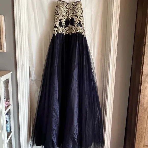 Blondie Nites Gown Juniors Size 9‎ Navy Long Mesh Gown Corset Style Gold Prom - Image 11