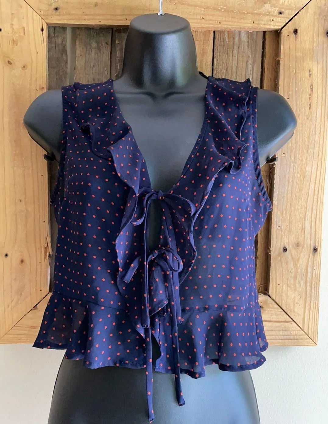 sheer navy and orange polkadot crop top - Image 2