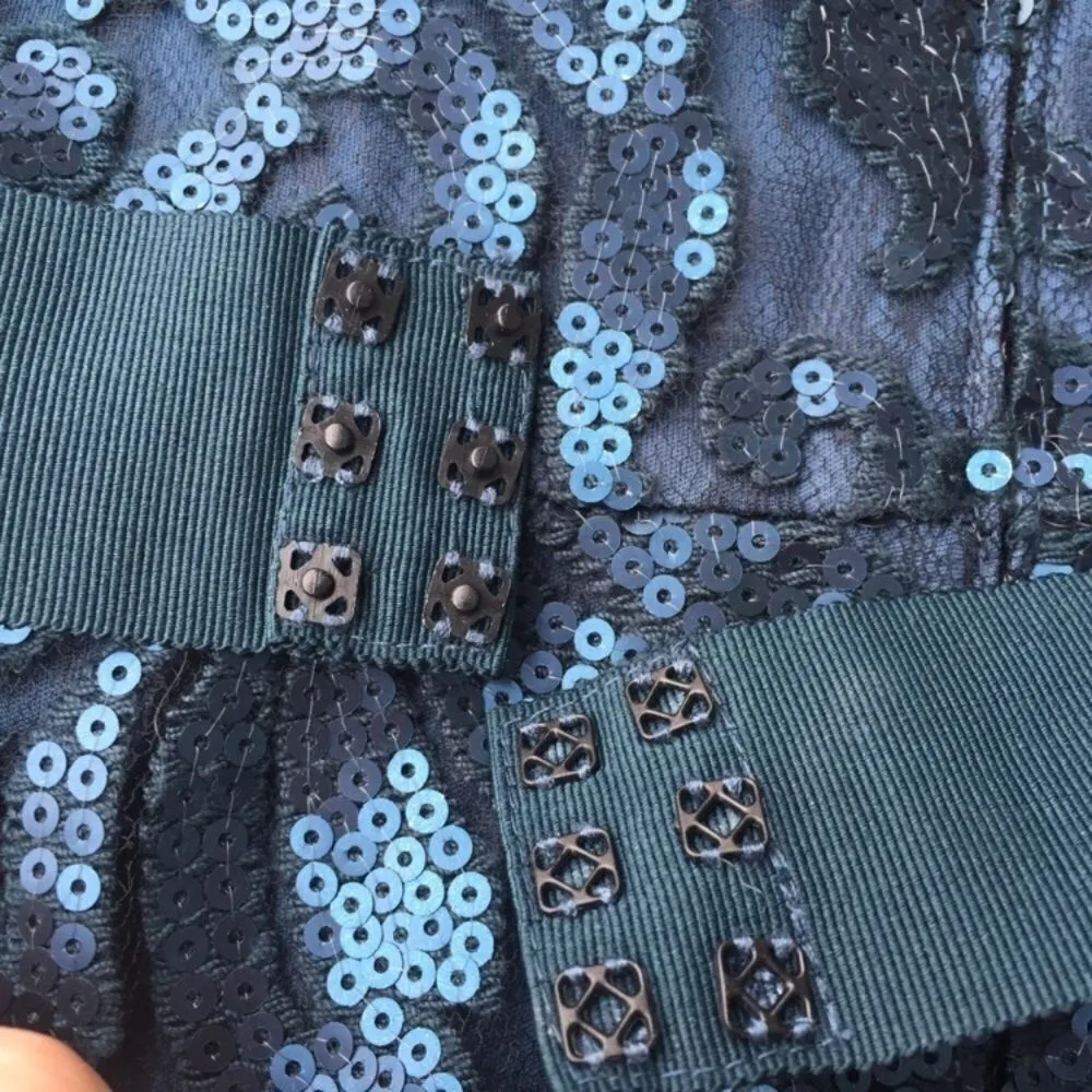 Tadashi Shoji Sequin Floral Brocade Cocktail Dress Womens 4 Navy - Image 7