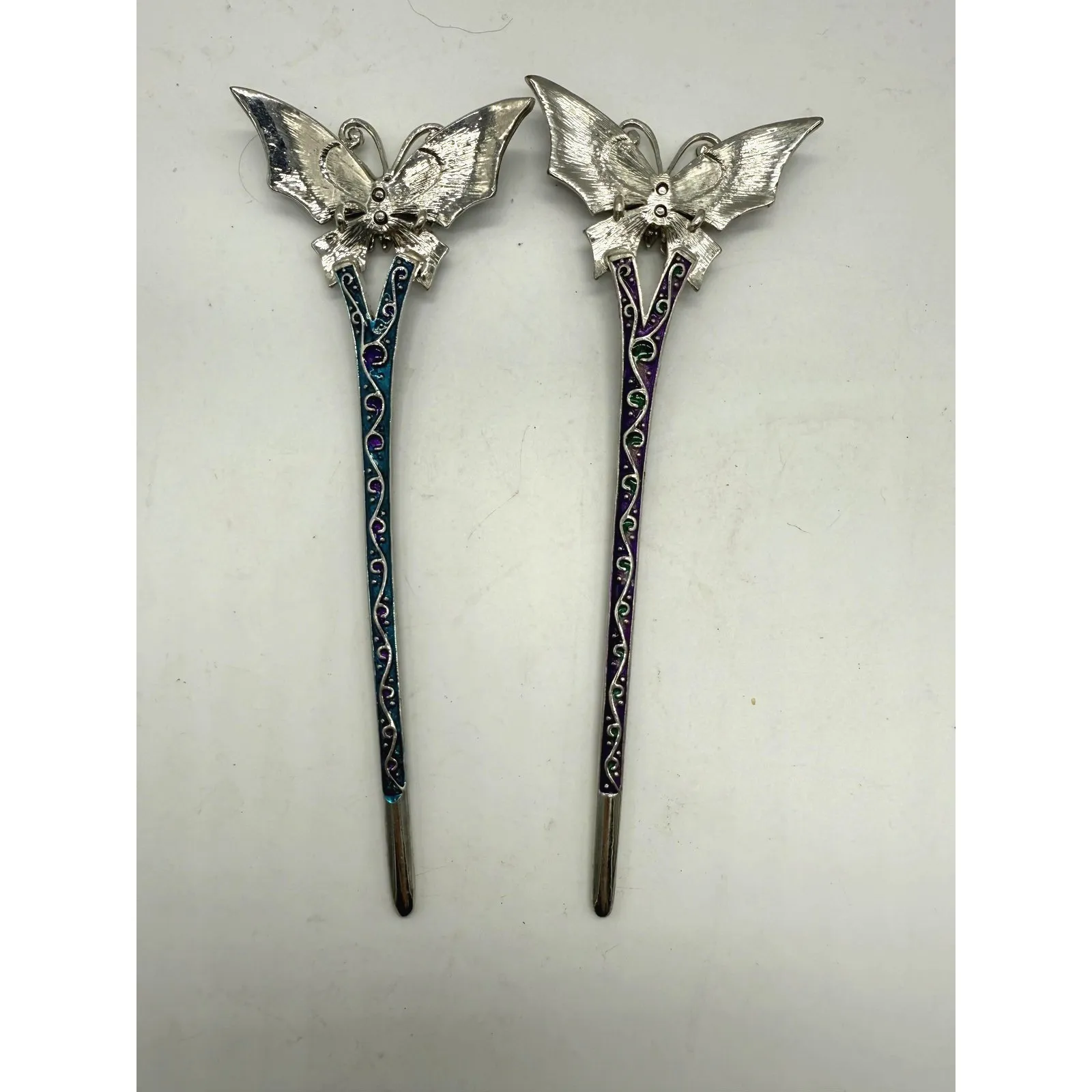 Butterfly Hair Sticks Womens Multicolor Rhinestone Metal Enamel Updo Set Of 2 - Image 2
