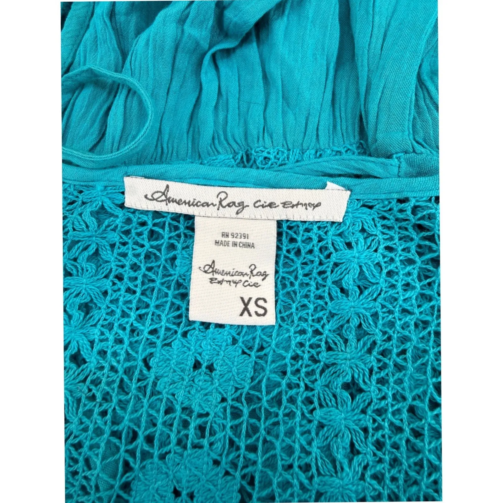 American Rag Cie Women XS Turquoise Blue Embroidery Lace Trim Peasant Blouse Top - Image 3