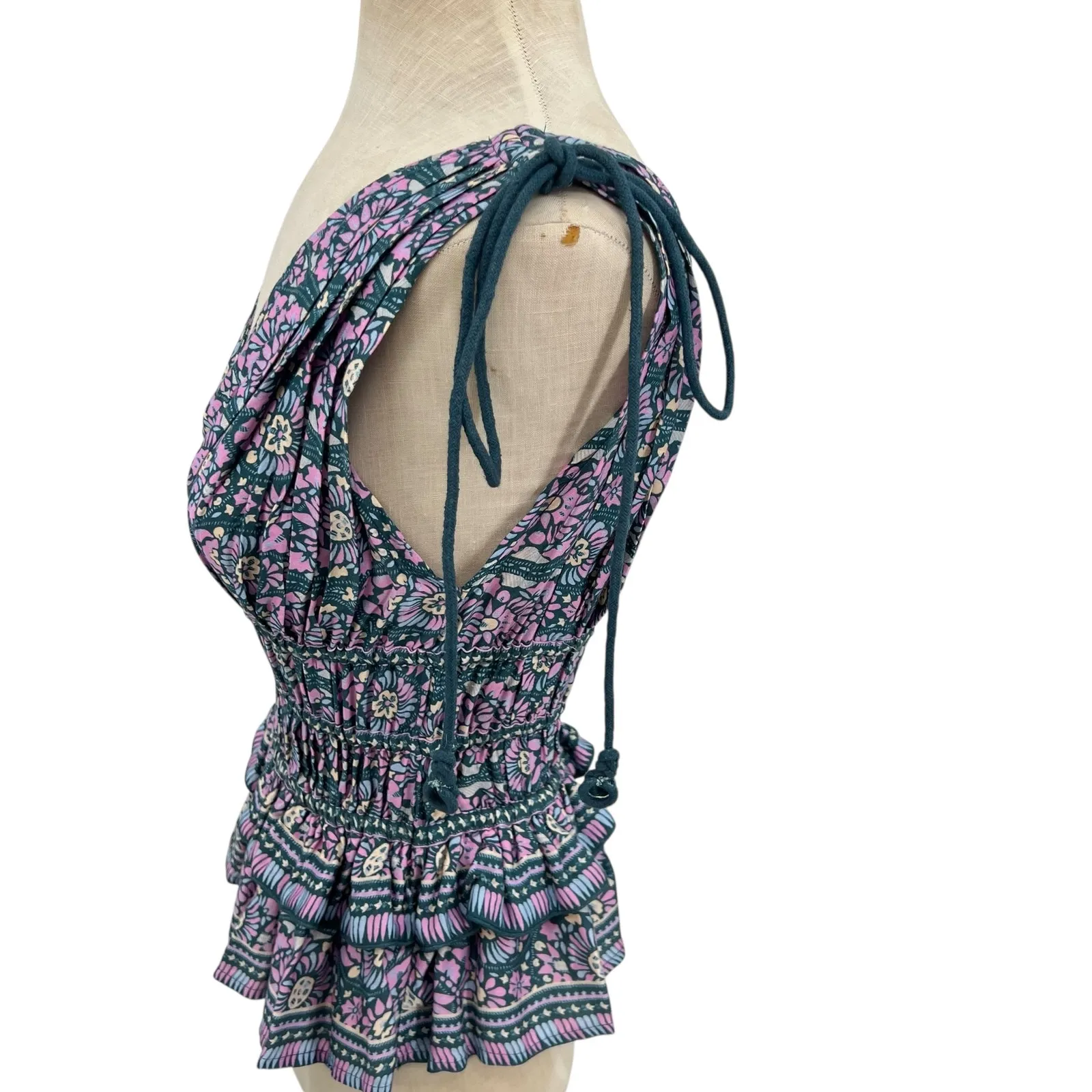 Omika Adaline Top Sleeveless Smocked Peplum Floral Print Blue Pink Green Size XS - Image 7