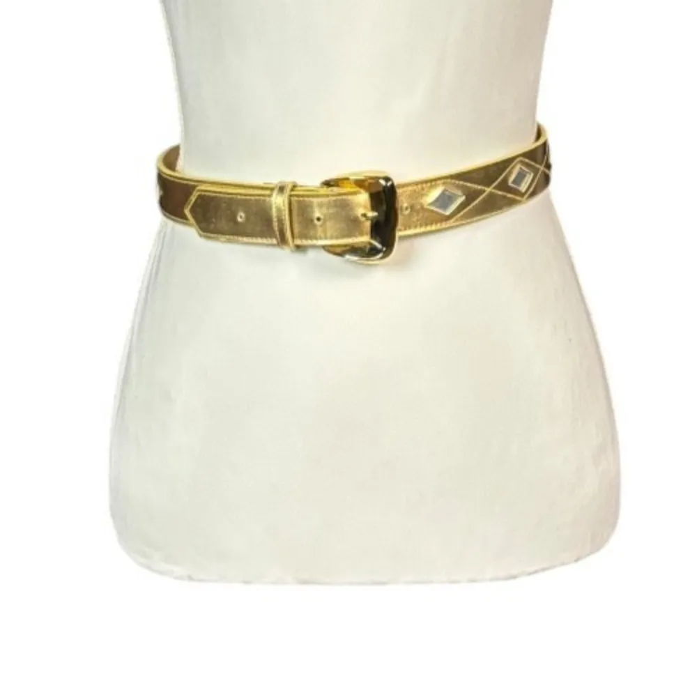 Vintage Liz Claiborne Statement Belt Gold Size Medium Faux Leather Retro Diamond - Image 2