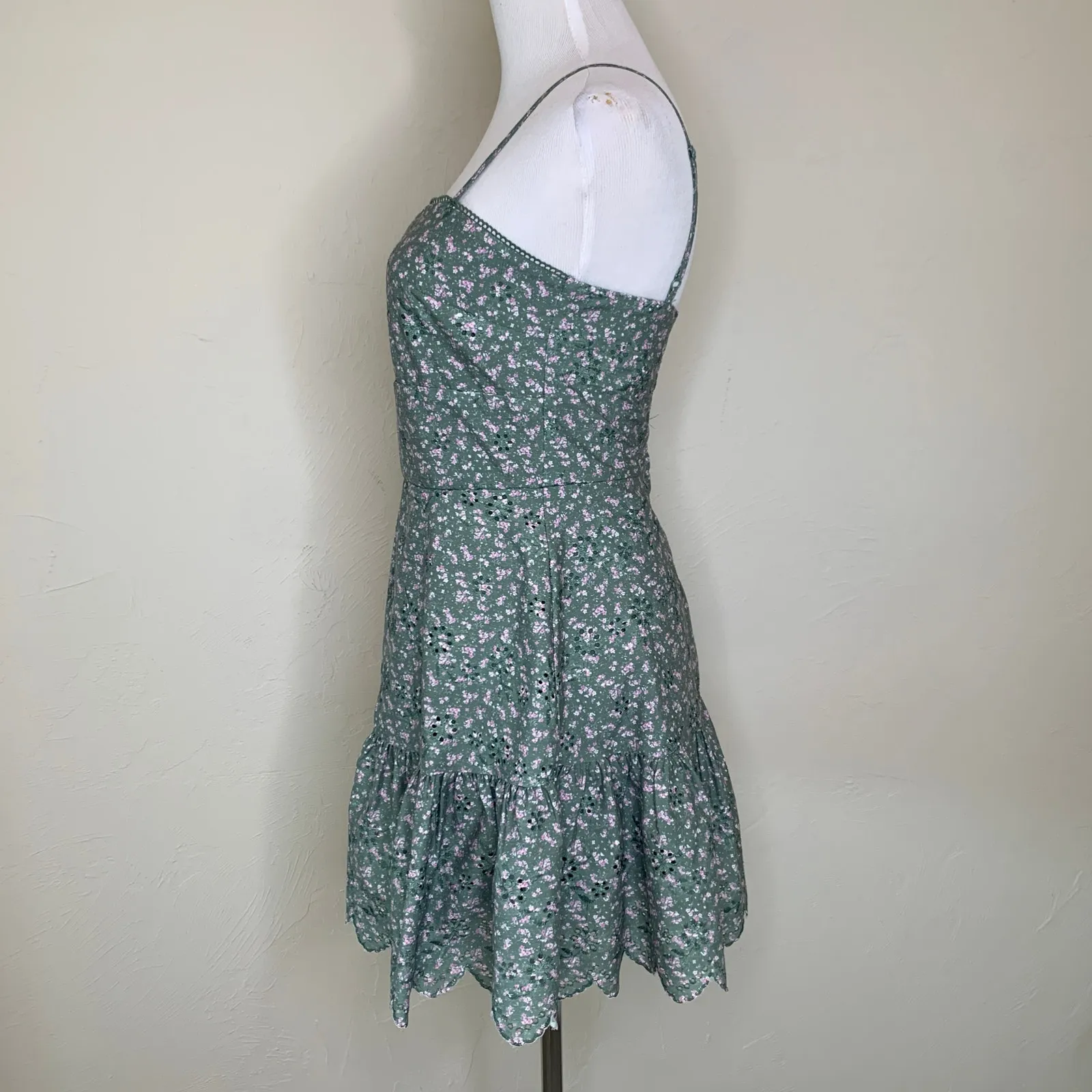 Altar'd State Sage Green Floral A Line Dress Ruffle Sz XS - Image 3