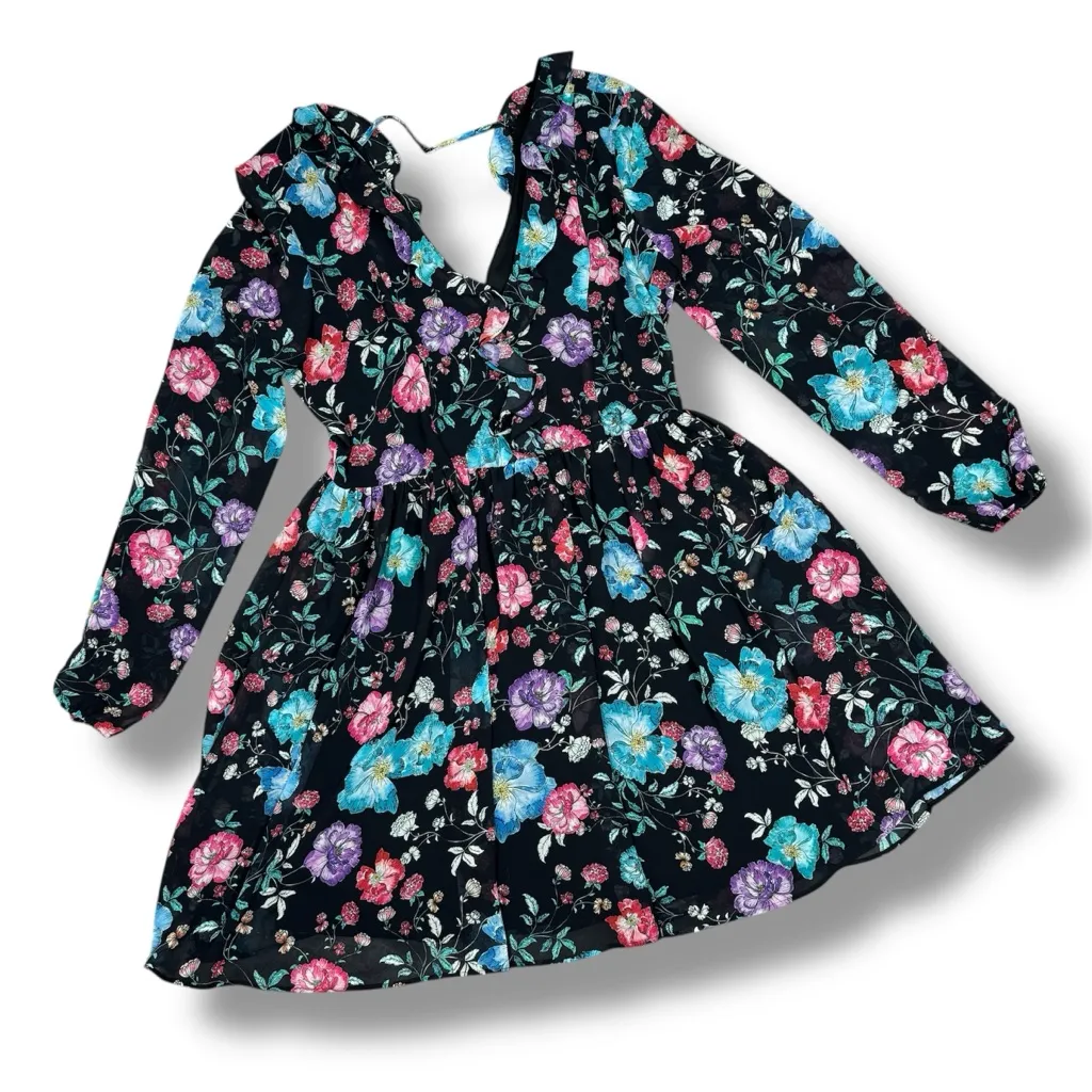 Express Floral V Neck Ruffle Trim Chiffon Skater Mini Dress Black Multi 8 - Image 14