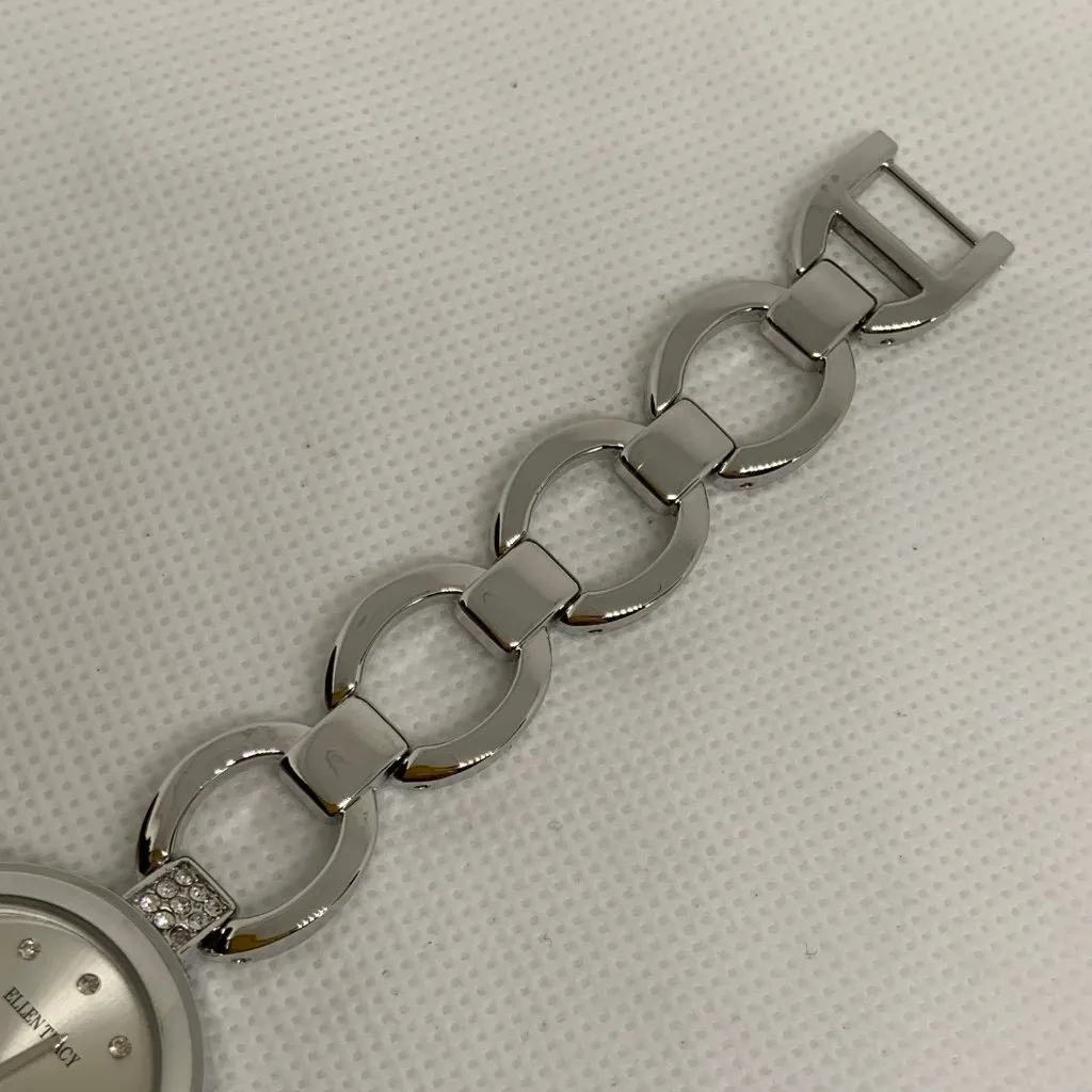 Ellen Tracy women watch silver tone rhinestones 28mm round up to 7.5” running - Image 5