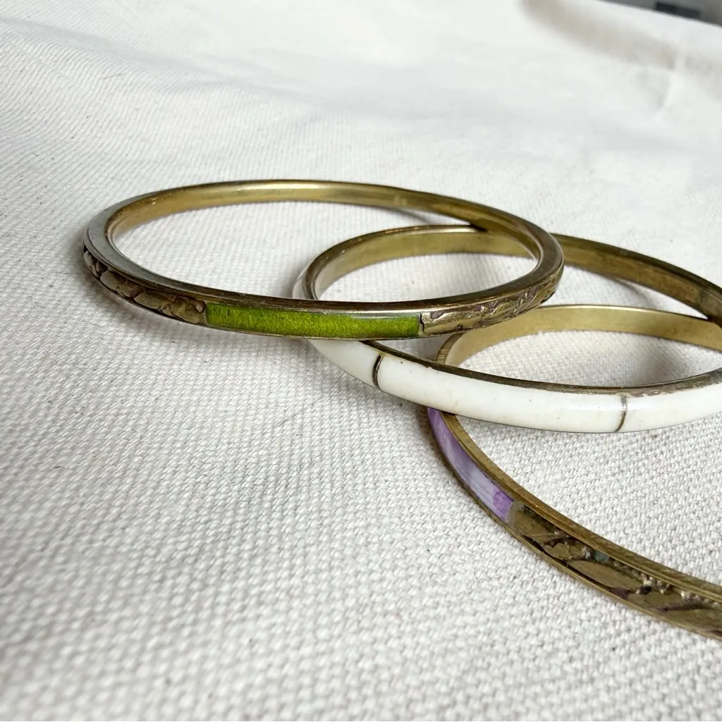 Vintage Brass & Mother of Pearl Bangle Set Gold - Image 5