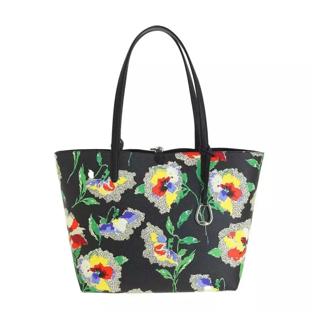L. Ralph Lauren Large Reversible Tote Bag Black/Floral Pouch Handbag NEW $178 - Image 4