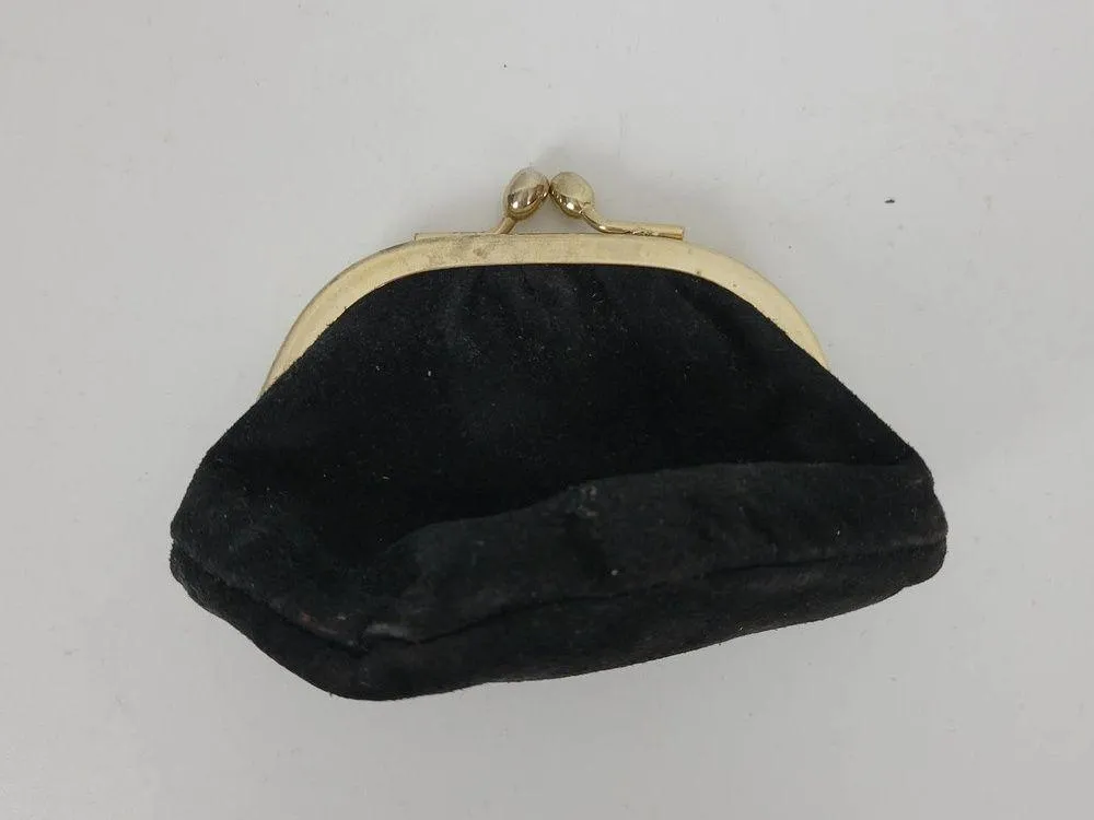 Vintage Womens Velvet Leather Italian Coin Purse Wallet Black Kiss Clasp Closure - Image 6