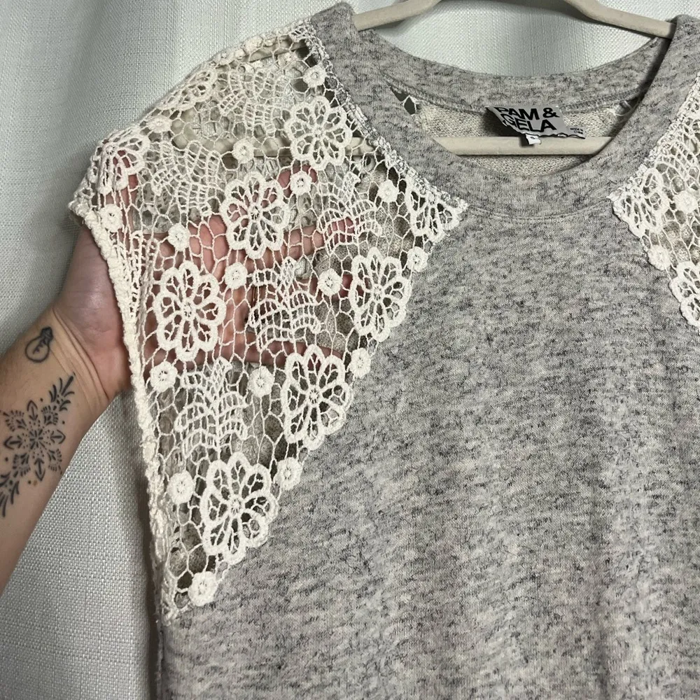 Pam & Gela Gray Lace Crochet Sleeve Dress Small - Image 8