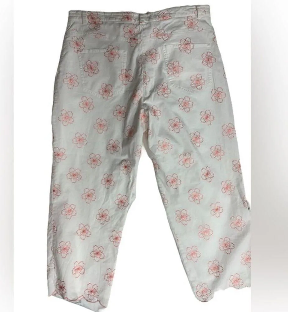 Tori Richard Honolulu High Rise Floral Pink Embroider Scallop Hem Capris Size 12 - Image 5