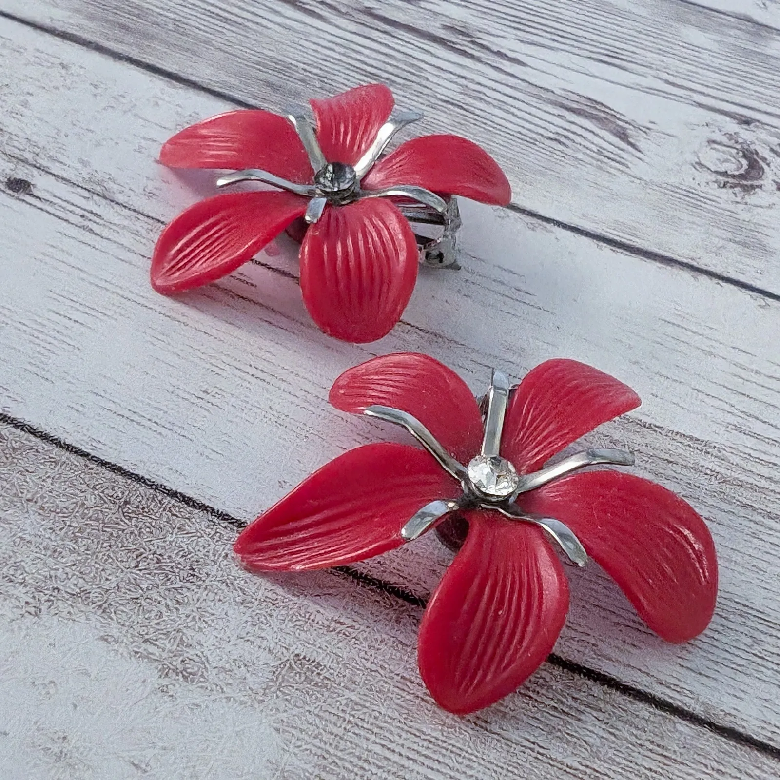 Vintage Clip On Earrings Extra Large Red Flower Statement - Image 3