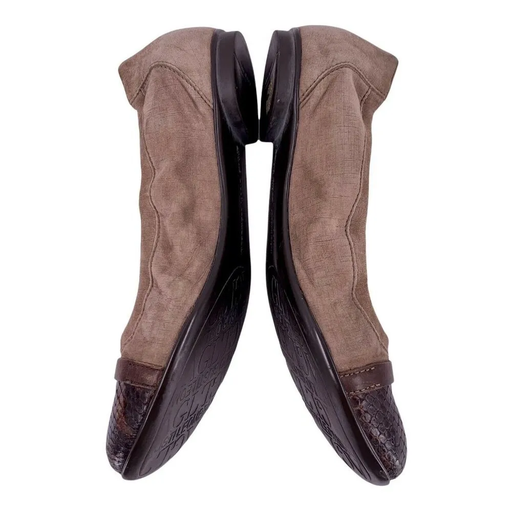 AGL Taupe Brown Suede and Snakeskin Cap Toe Ballet Flats Size 37 - Image 3