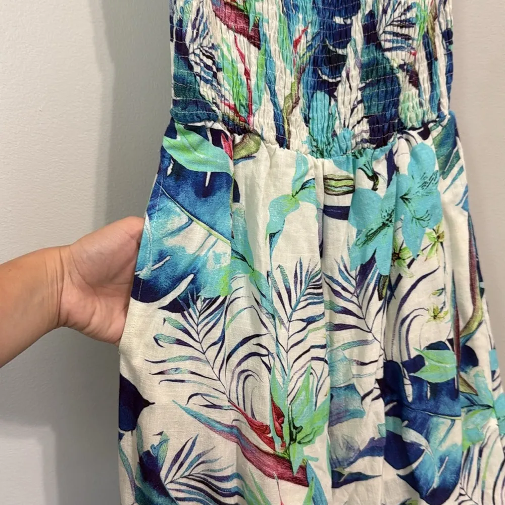 Fanco Tropical Floral Smocked Waist Jumpsuit Size Small Blue - Image 6