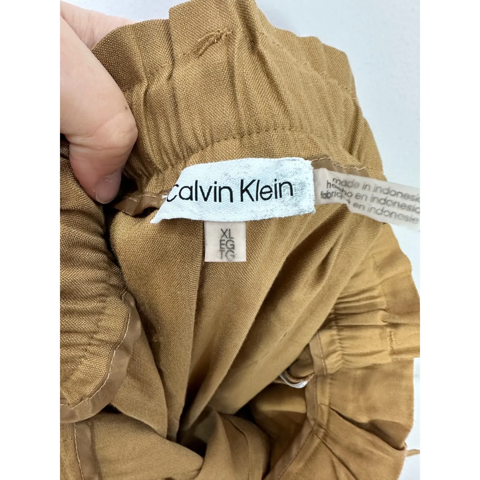 Calvin Klein XL Linen Paperbag Pants Tan Tie Waist Minimalist Quiet Luxury Chic - Image 5