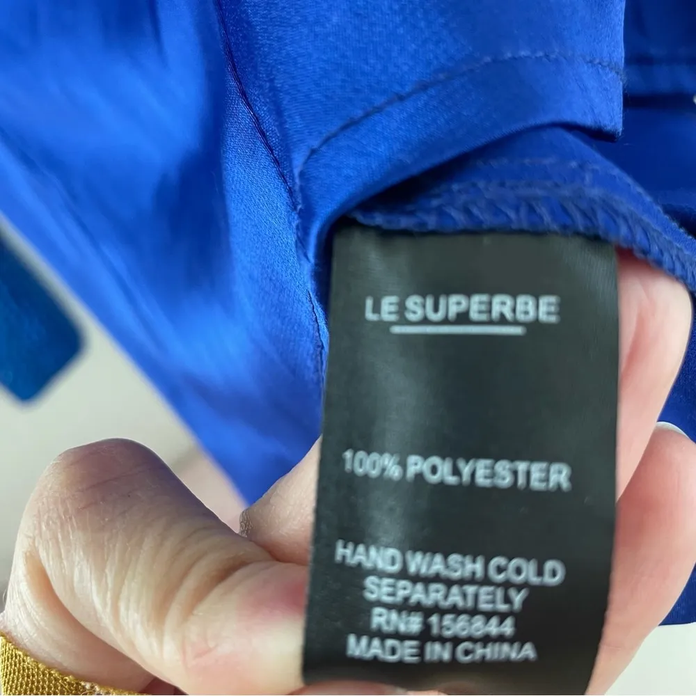 Le Superbe Superstoned Button Up Orbital Seamed Satin Fitted Shirt 2 NWOT Blue - Image 10