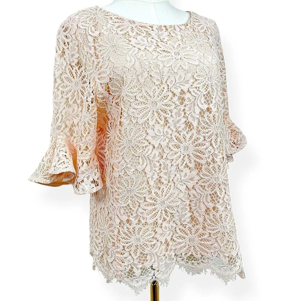 Nanette Lepore Floral Lace Crew Neck Bell Sleeve Top Shirt Large Light Pink - Image 2
