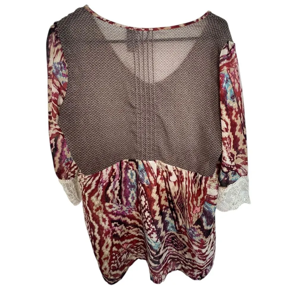 BKE Sheer Abstract Pattern Half Sleeve Blouse With Lace Bell sleeves - Image 4