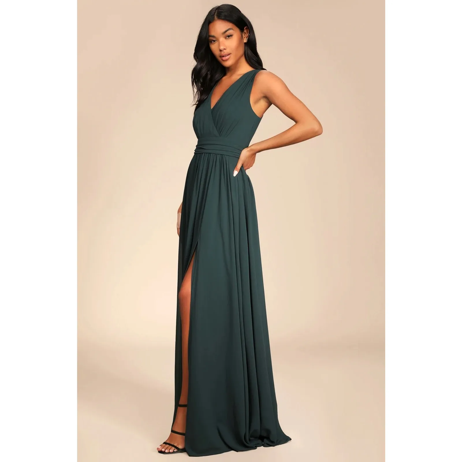NWOT Lulus Thoughts of Hue Emerald Green Surplice Maxi Dress Bridesmaid Size L - Image 3