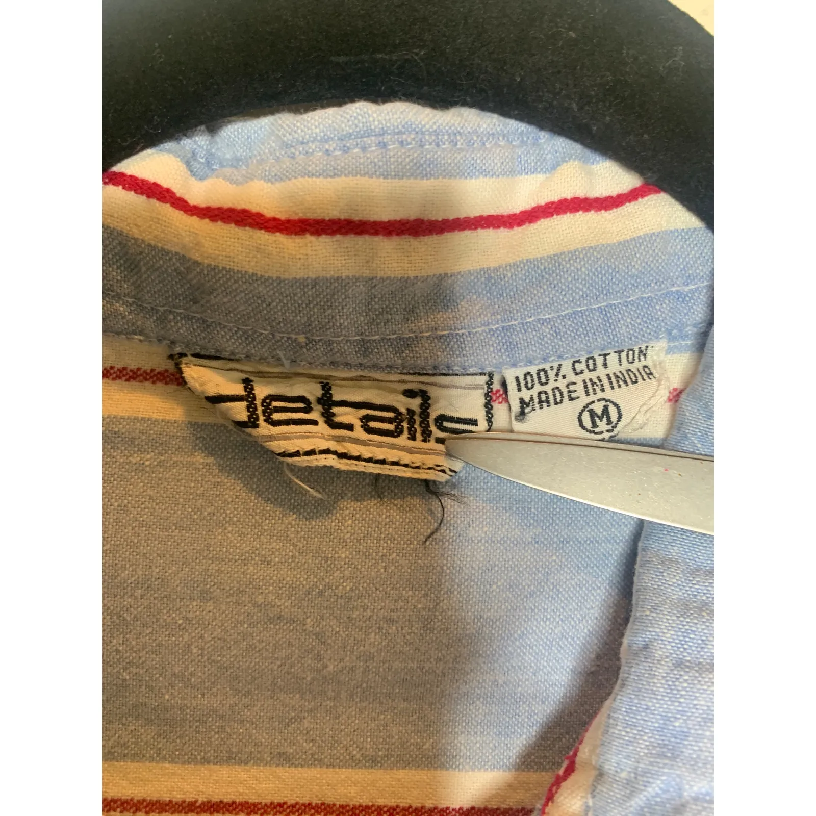 Vintage Chambray Shirt Blue Red White Stripe Sz Medium - Image 7