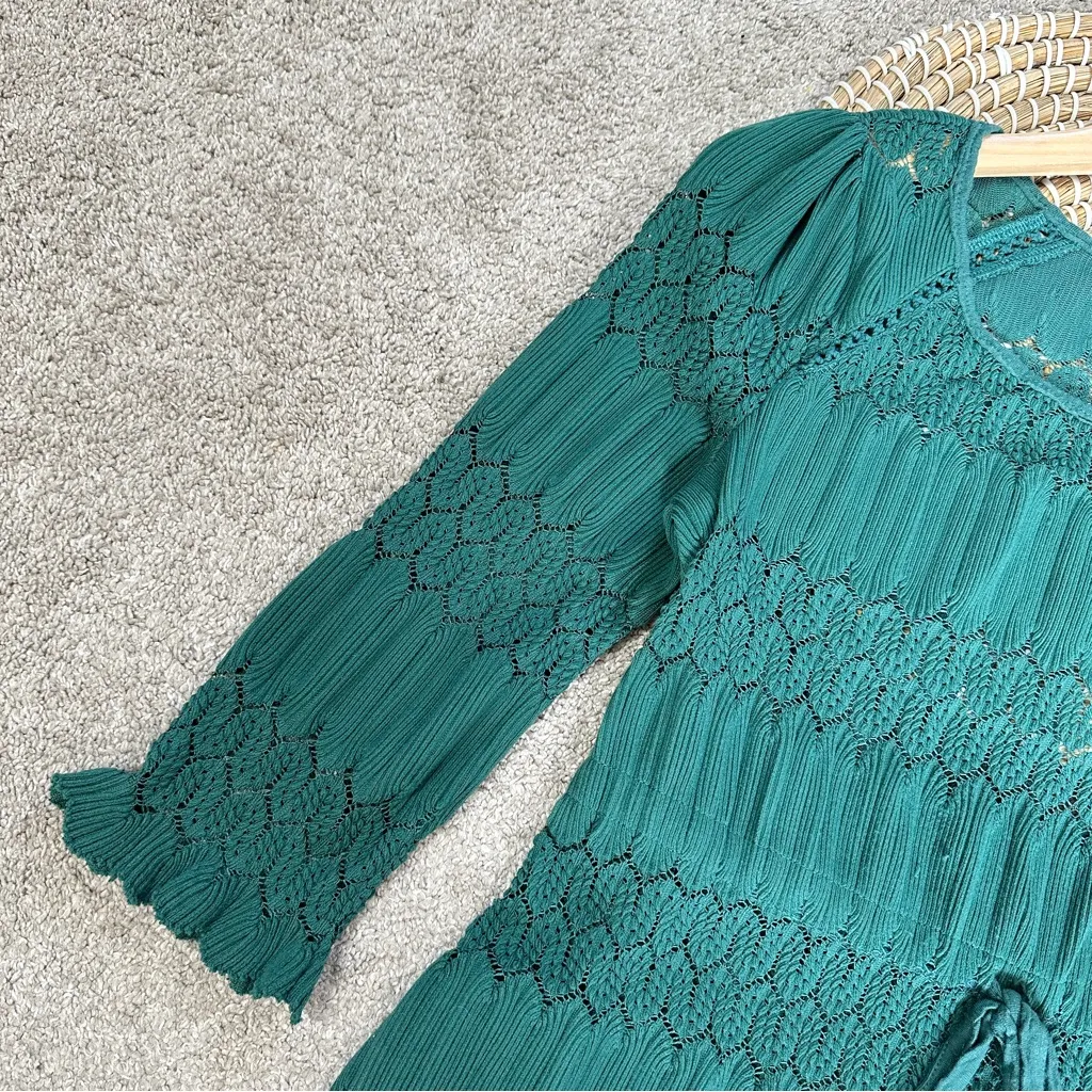 Free People Women’s Fire Island Knit Crochet Blouse Top Cottagecore in Green XS - Image 6