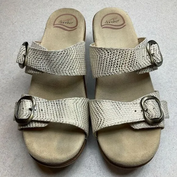 Dansko Sophie Sandal 38 White & Metallic Gold Snakeskin Slip‎ On Open Toe - Image 2