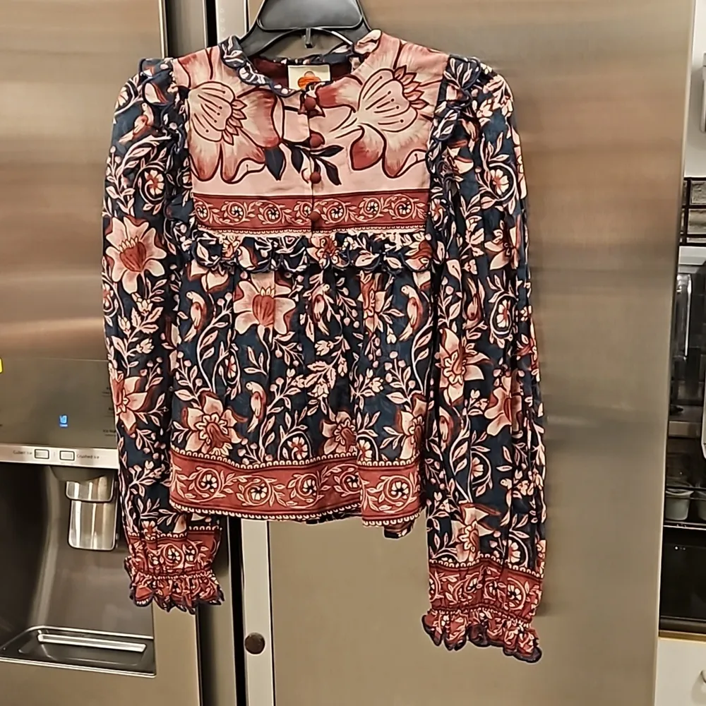 💕FARM RIO💕 Teal Ainika Charm Long Sleeve Blouse Tropical Floral Print XXS NWT - Image 14