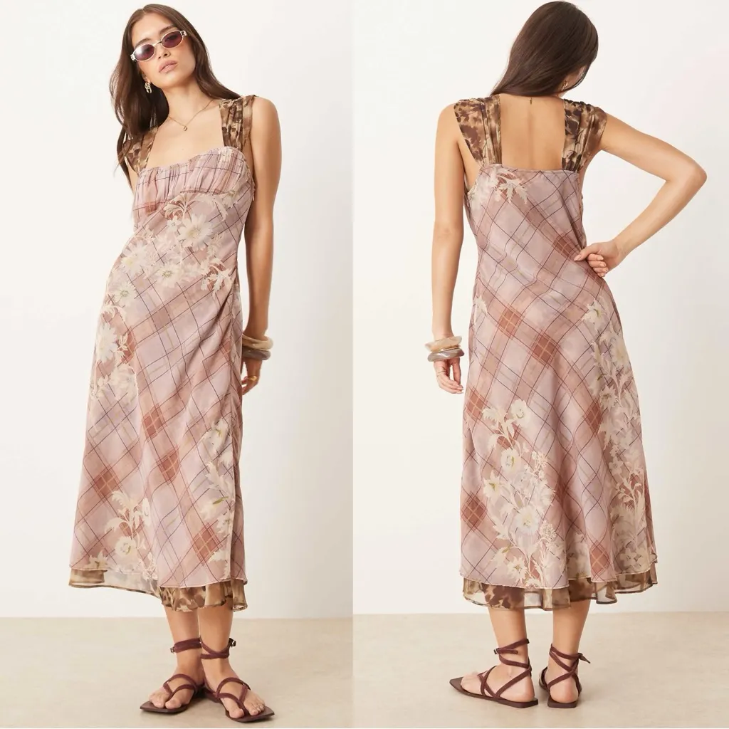 Free People Femme Grunge 90s Y2K Morning Dew Plaid Floral Midi Slip Dress Large - Image 5